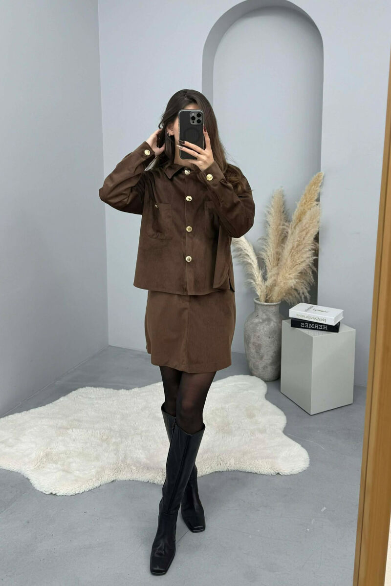 LONG SLEEVES SHIRT+SKIRT GOLD BUTTONS WOMEN SET BROWN/KAFE - 2