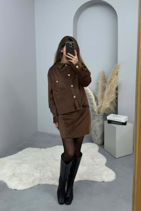LONG SLEEVES SHIRT+SKIRT GOLD BUTTONS WOMEN SET BROWN/KAFE - 3