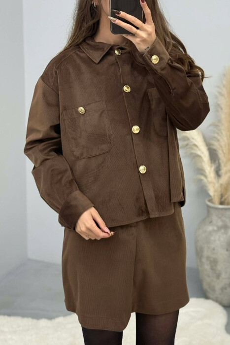 LONG SLEEVES SHIRT+SKIRT GOLD BUTTONS WOMEN SET BROWN/KAFE - 4