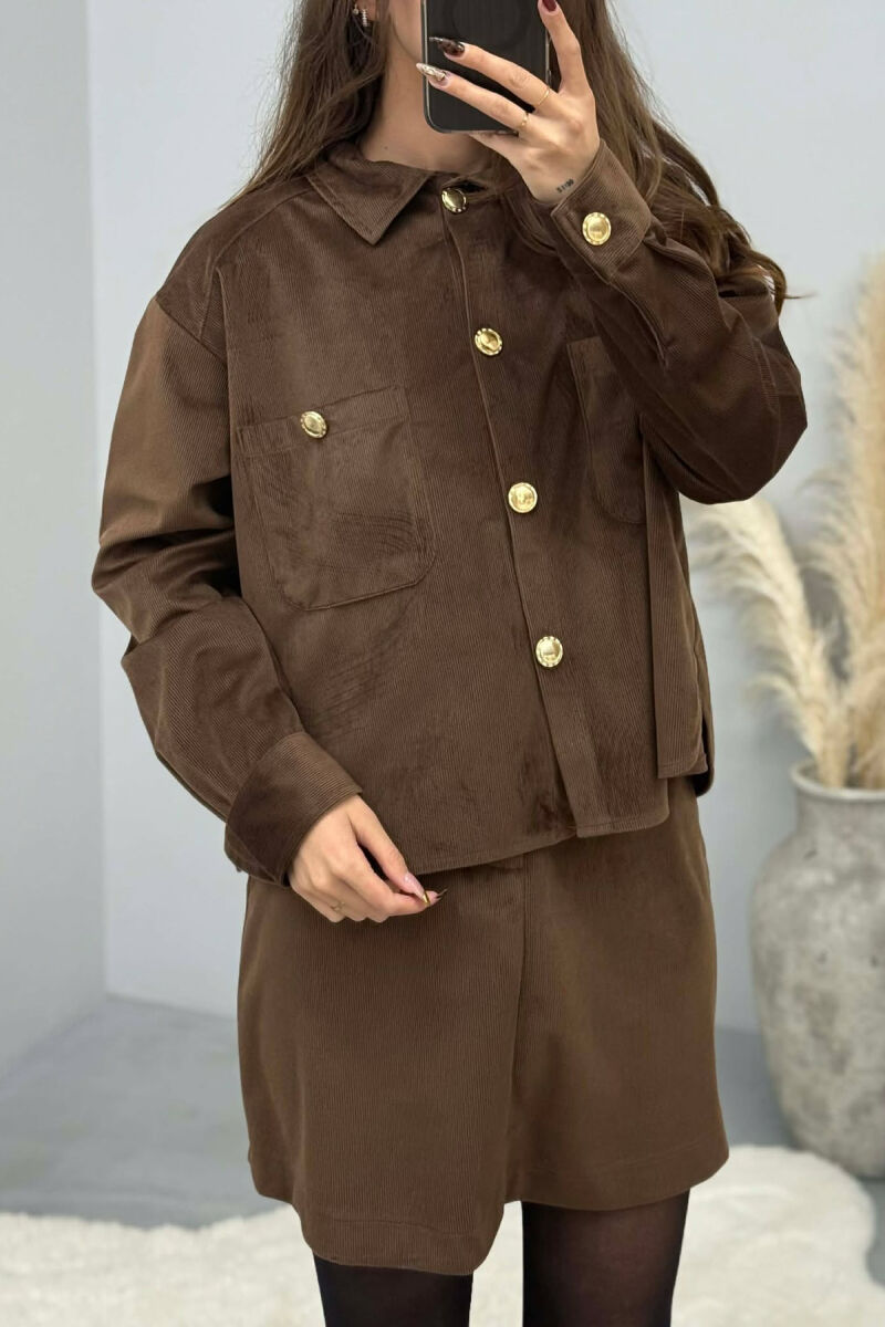 LONG SLEEVES SHIRT+SKIRT GOLD BUTTONS WOMEN SET BROWN/KAFE - 4