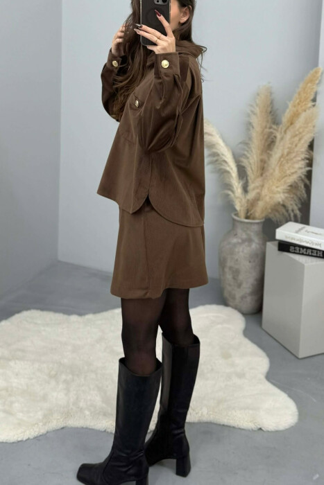 LONG SLEEVES SHIRT+SKIRT GOLD BUTTONS WOMEN SET BROWN/KAFE - 5