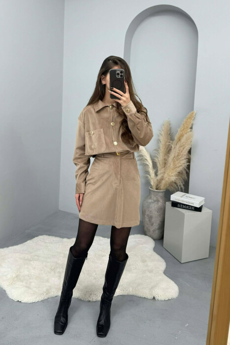 SET KEMISHE ME MENGE TE GJATA DHE BUTONA GOLD +FUND PER FEMRA NE NGJYRE KAFE TE ZBARDHUR - KLAUDIO FASHION