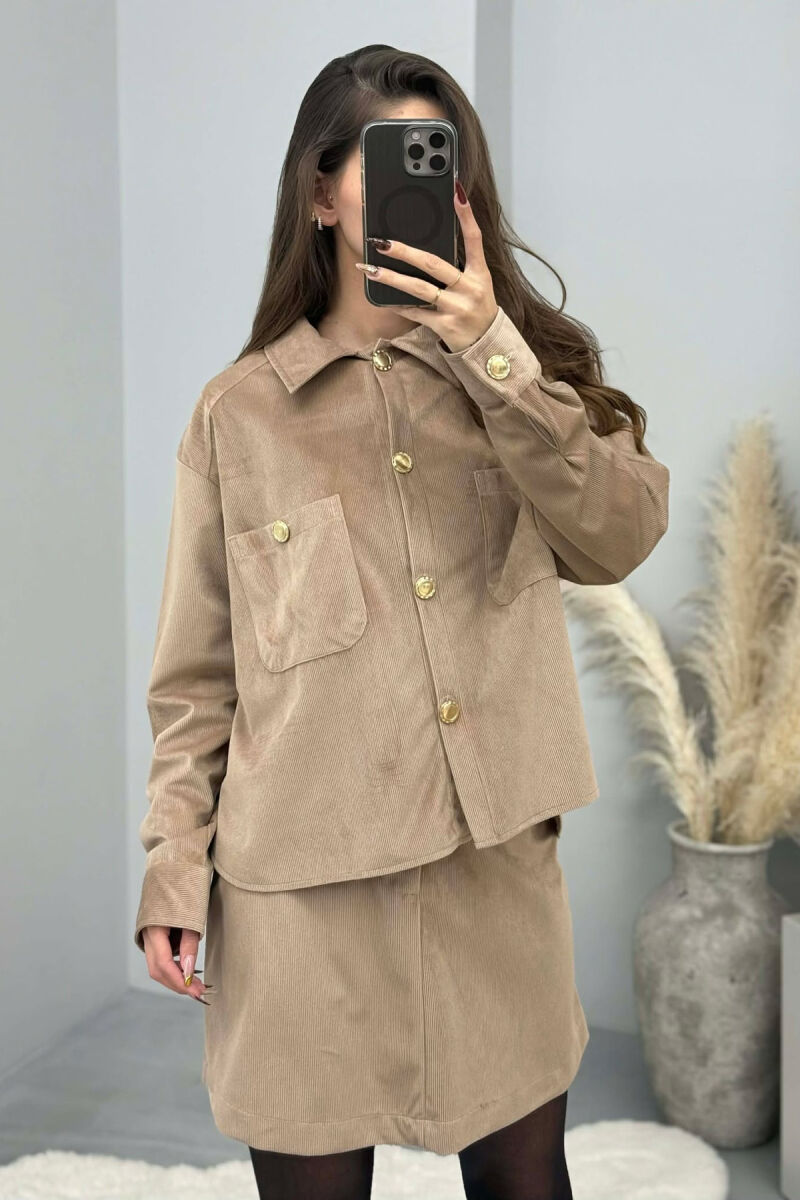 LONG SLEEVES SHIRT+SKIRT GOLD BUTTONS WOMEN SET LIGHT BROWN/KAZB - 2