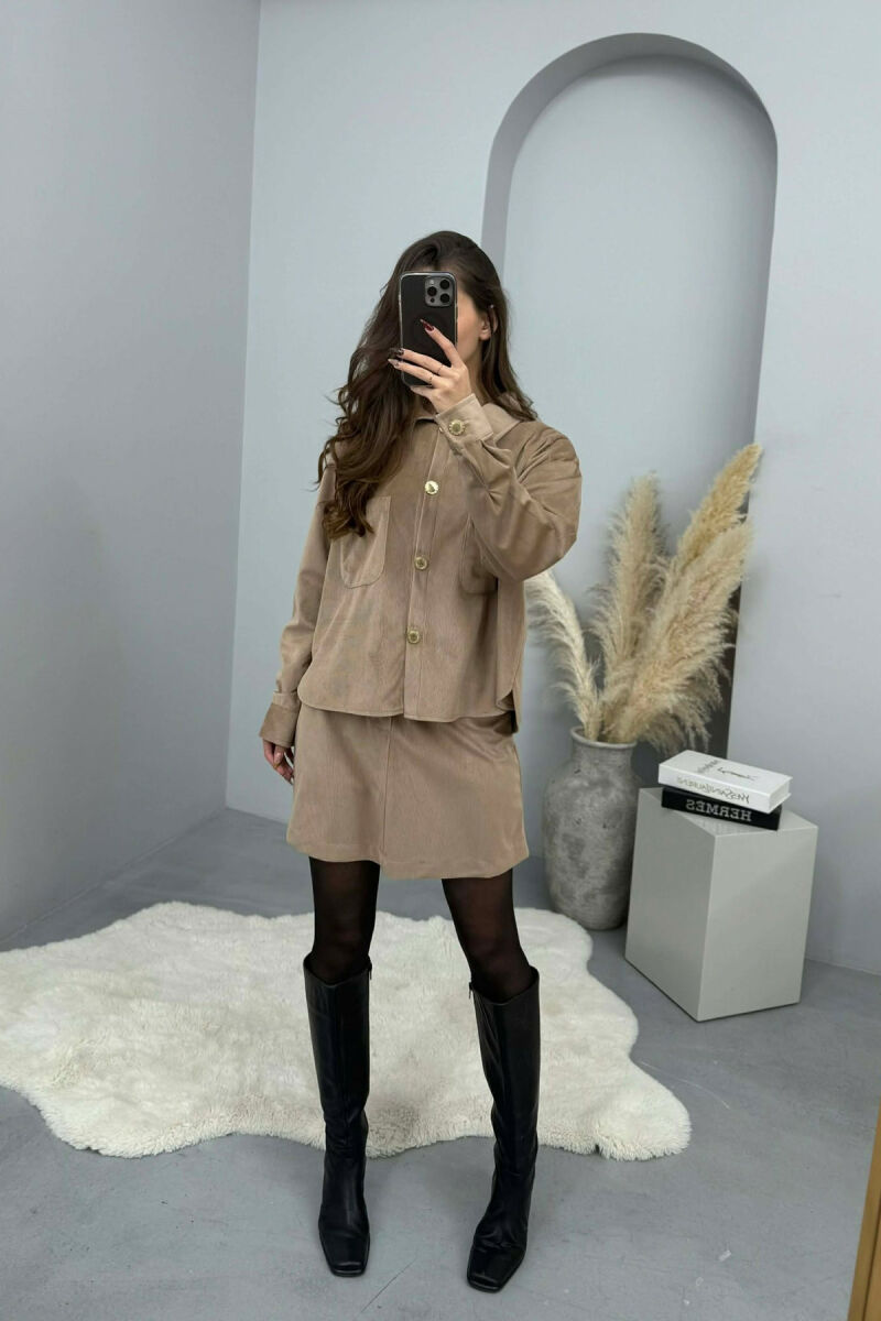 LONG SLEEVES SHIRT+SKIRT GOLD BUTTONS WOMEN SET LIGHT BROWN/KAZB - 3