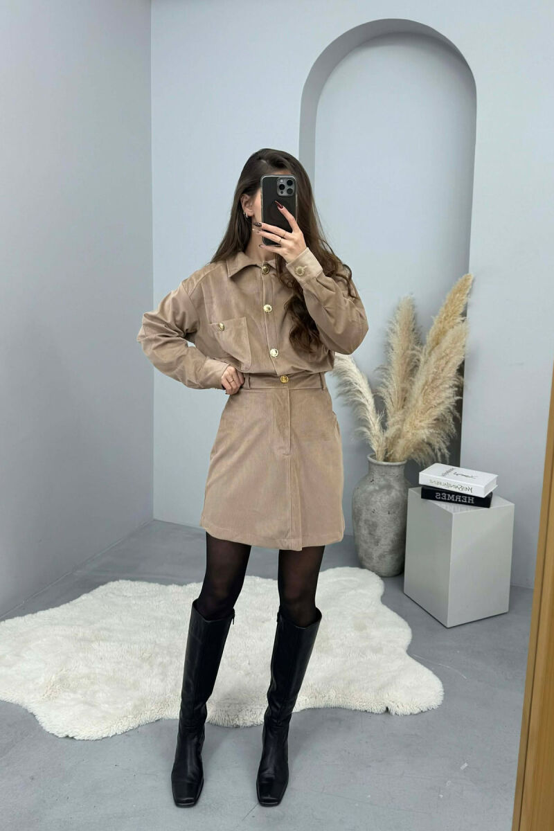 LONG SLEEVES SHIRT+SKIRT GOLD BUTTONS WOMEN SET LIGHT BROWN/KAZB - 4