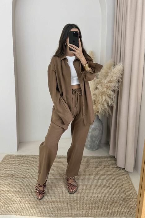 LONG SLEEVES SHIRT+SWEATPANTS WOMEN SET BROWN/KAFE - 2