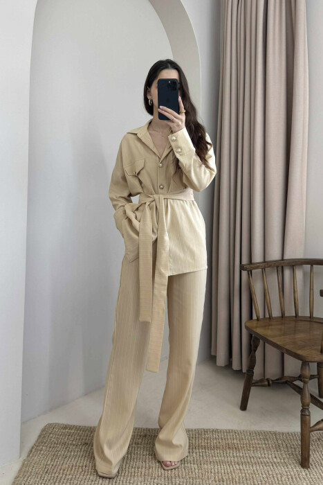 LONG SLEEVES SHIRT+TROUSERS LACING WOMEN SET BEIGE/BEZHE 