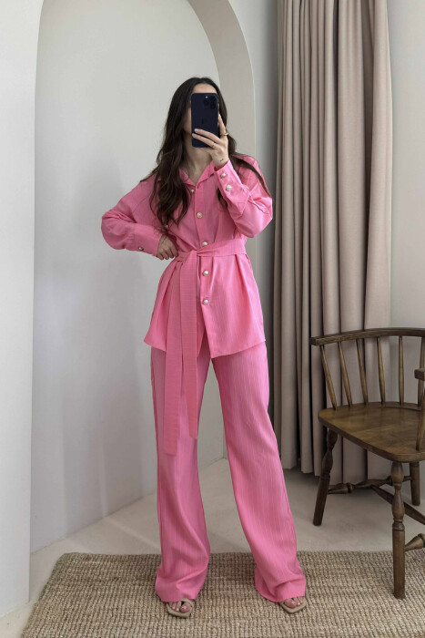 LONG SLEEVES SHIRT+TROUSERS LACING WOMEN SET PINK/ROZE - 1