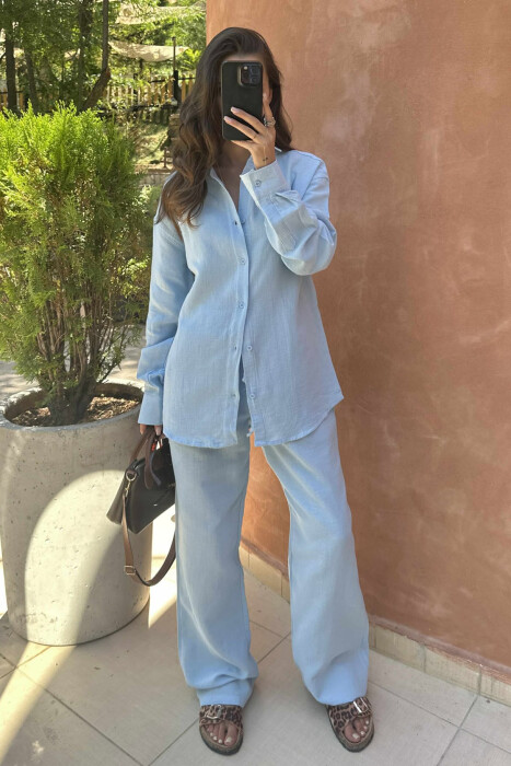 LONG SLEEVES SHIRT+TROUSERS ONE COLOR WOMEN SET BABY BLUE/BLU BY 
