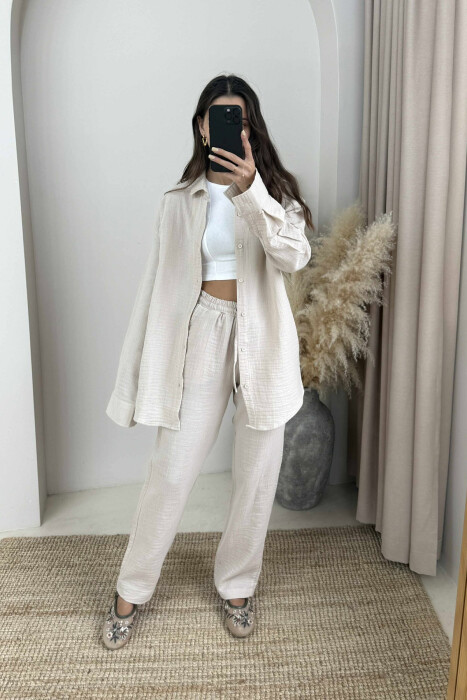 LONG SLEEVES SHIRT+TROUSERS ONE COLOR WOMEN SET BEIGE/BEZHE 