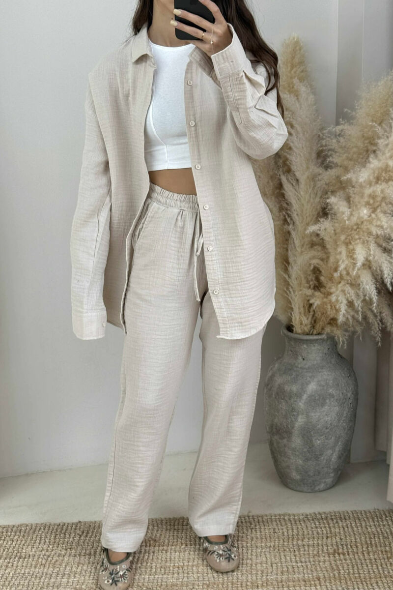 LONG SLEEVES SHIRT+TROUSERS ONE COLOR WOMEN SET BEIGE/BEZHE - 3