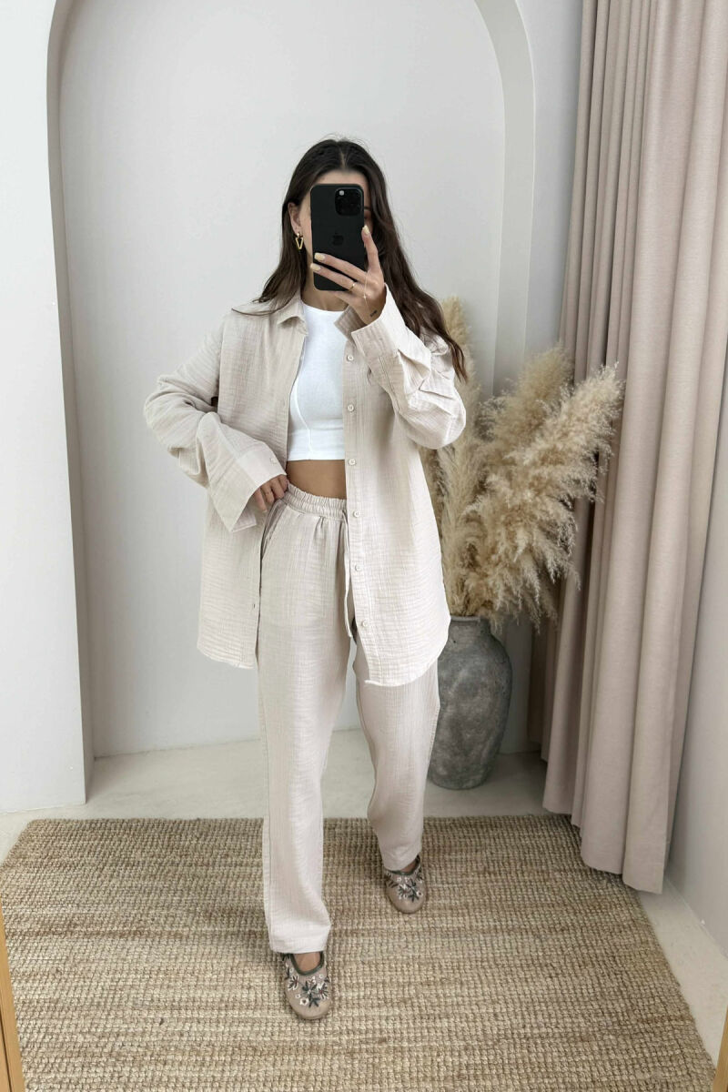 LONG SLEEVES SHIRT+TROUSERS ONE COLOR WOMEN SET BEIGE/BEZHE - 2