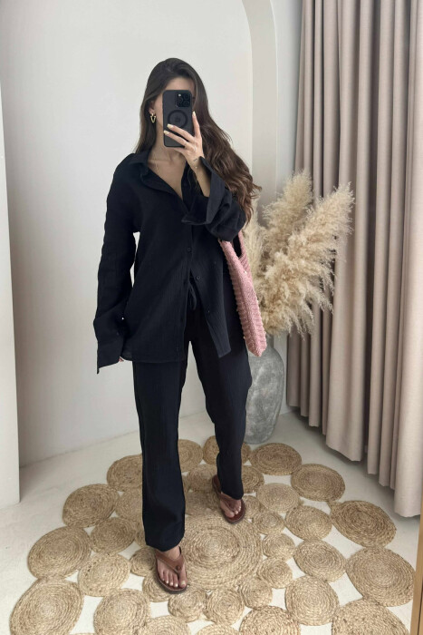 LONG SLEEVES SHIRT+TROUSERS ONE COLOR WOMEN SET BLACK/ E ZEZE - 1