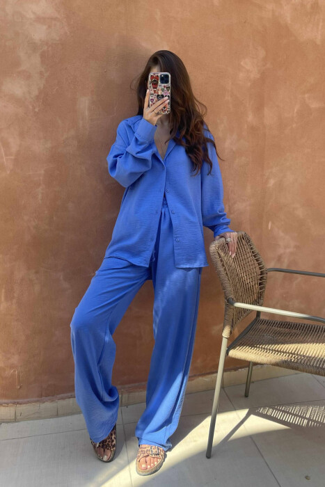 LONG SLEEVES SHIRT+TROUSERS ONE COLOR WOMEN SET BLUE/BLU 