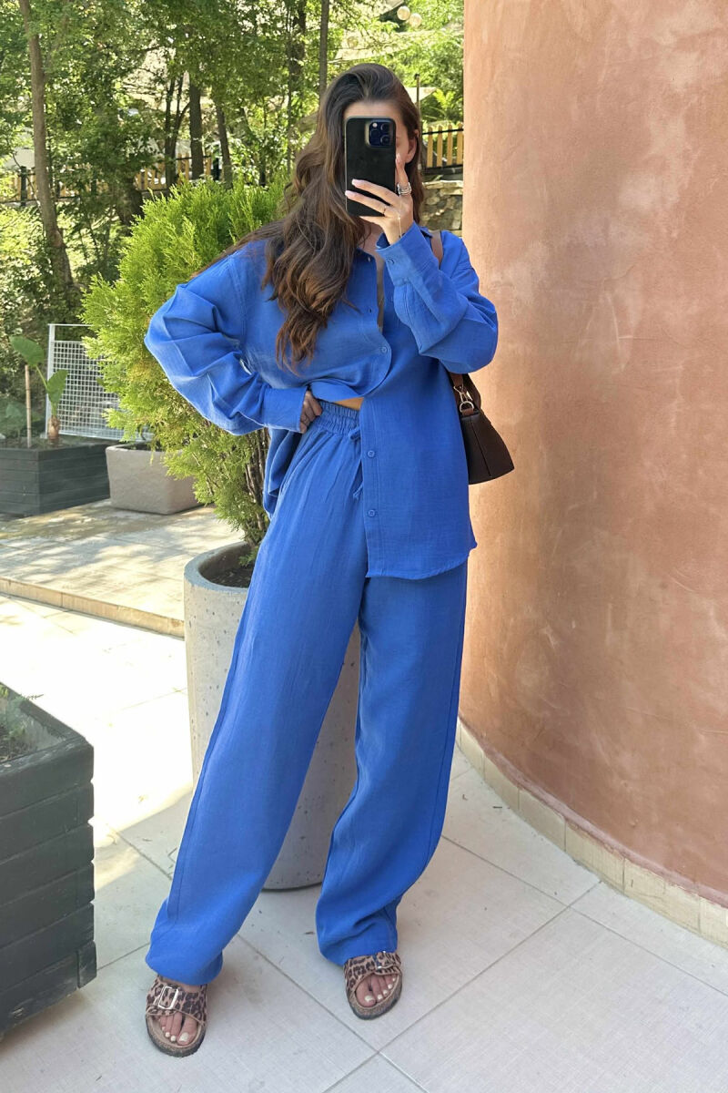 LONG SLEEVES SHIRT+TROUSERS ONE COLOR WOMEN SET DARK BLUE/BEE - 2