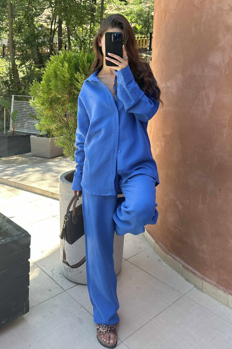 LONG SLEEVES SHIRT+TROUSERS ONE COLOR WOMEN SET DARK BLUE/BEE - 5