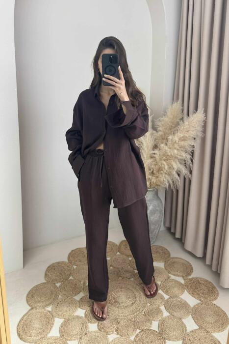 LONG SLEEVES SHIRT+TROUSERS ONE COLOR WOMEN SET DARK BROWN/KAE - 1