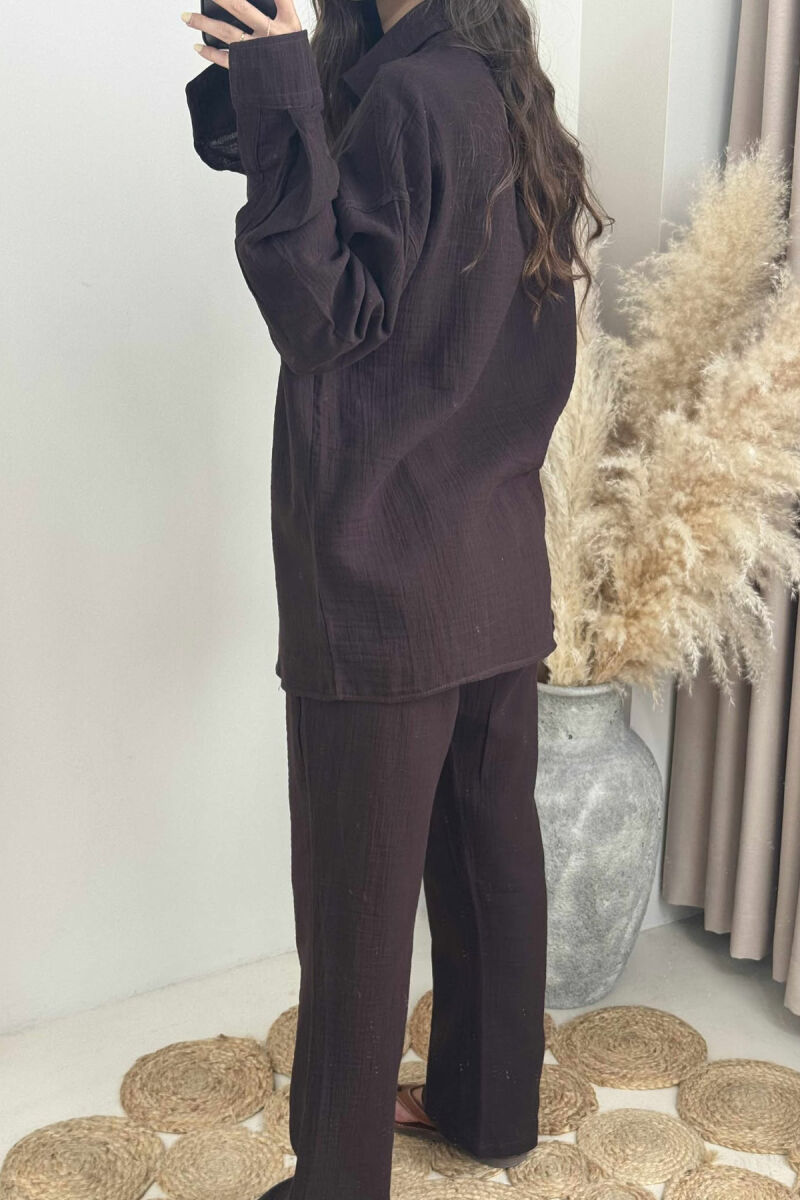 LONG SLEEVES SHIRT+TROUSERS ONE COLOR WOMEN SET DARK BROWN/KAE - 3