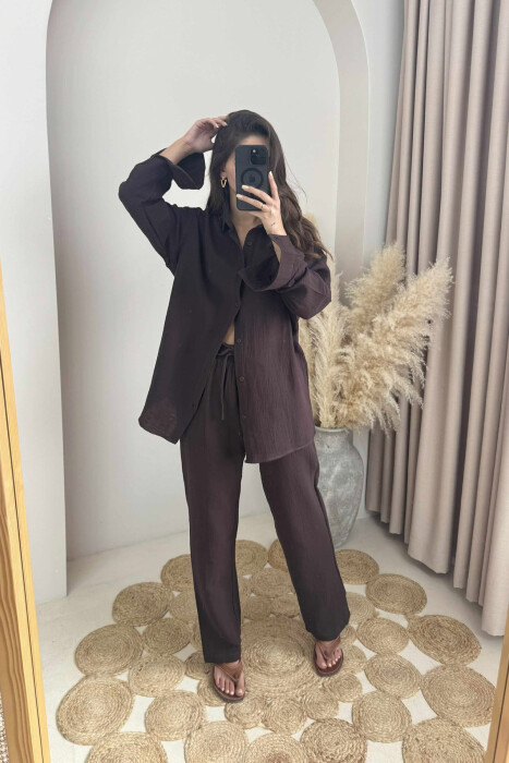 LONG SLEEVES SHIRT+TROUSERS ONE COLOR WOMEN SET DARK BROWN/KAE - 4