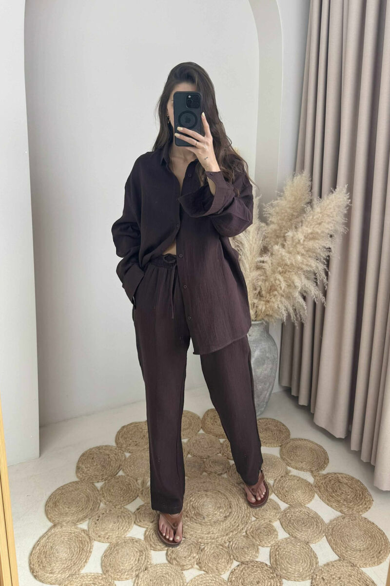 LONG SLEEVES SHIRT+TROUSERS ONE COLOR WOMEN SET DARK BROWN/KAE - 1