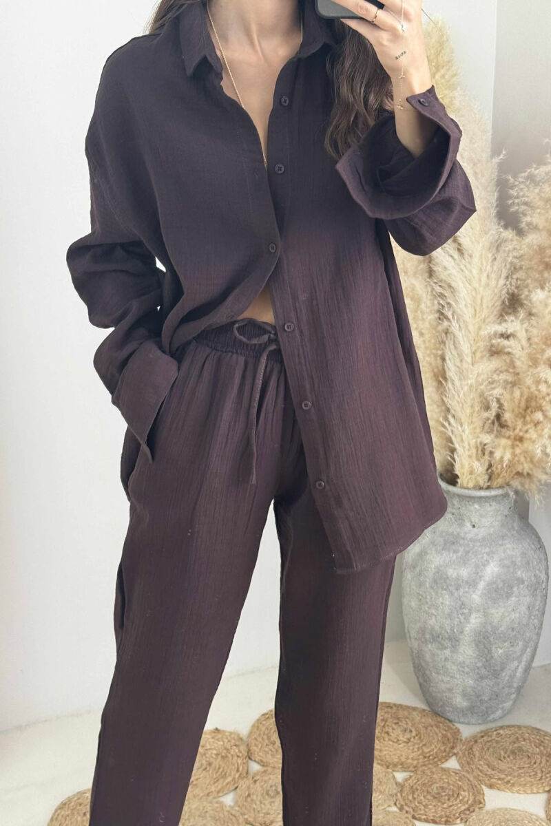 LONG SLEEVES SHIRT+TROUSERS ONE COLOR WOMEN SET DARK BROWN/KAE - 2