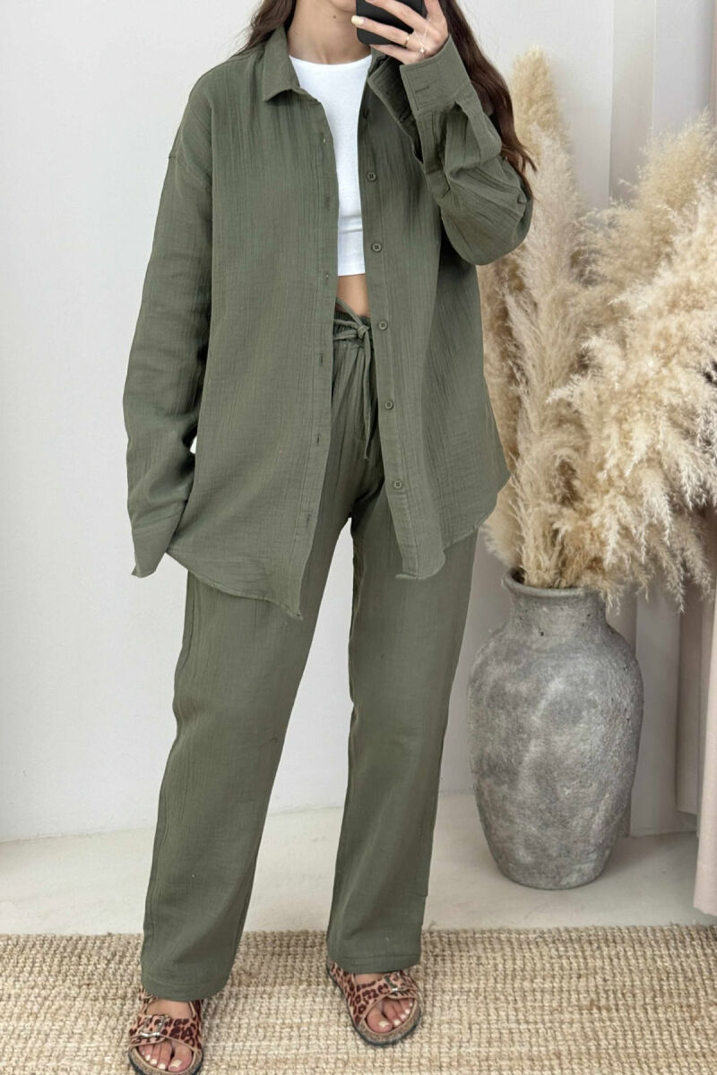 LONG SLEEVES SHIRT+TROUSERS ONE COLOR WOMEN SET GREEN/JESHILE - 3