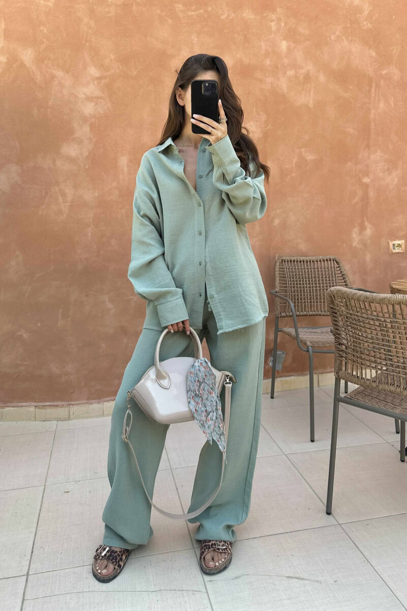 LONG SLEEVES SHIRT+TROUSERS ONE COLOR WOMEN SET MINT/MENTE - 2