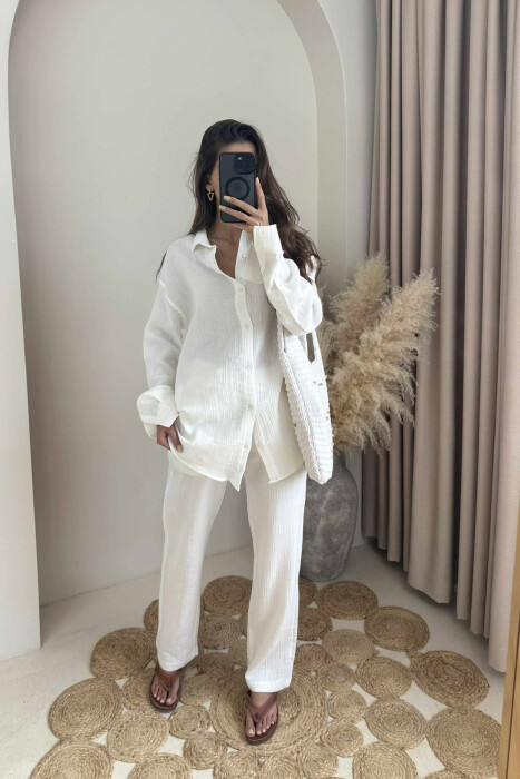 LONG SLEEVES SHIRT+TROUSERS ONE COLOR WOMEN SET WHITE-E BARDHE - 2