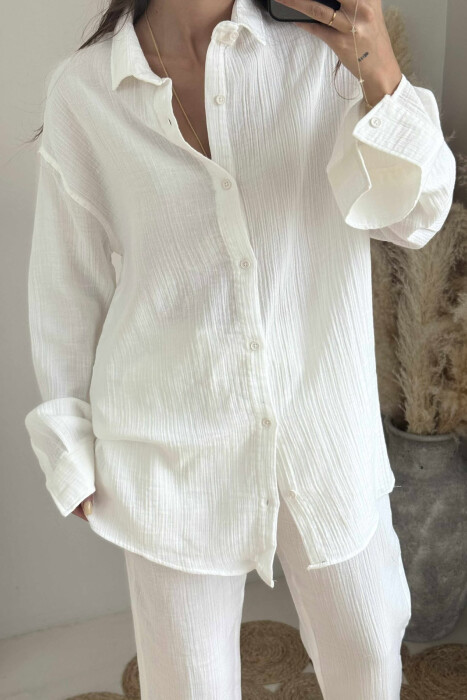 LONG SLEEVES SHIRT+TROUSERS ONE COLOR WOMEN SET WHITE-E BARDHE - 3