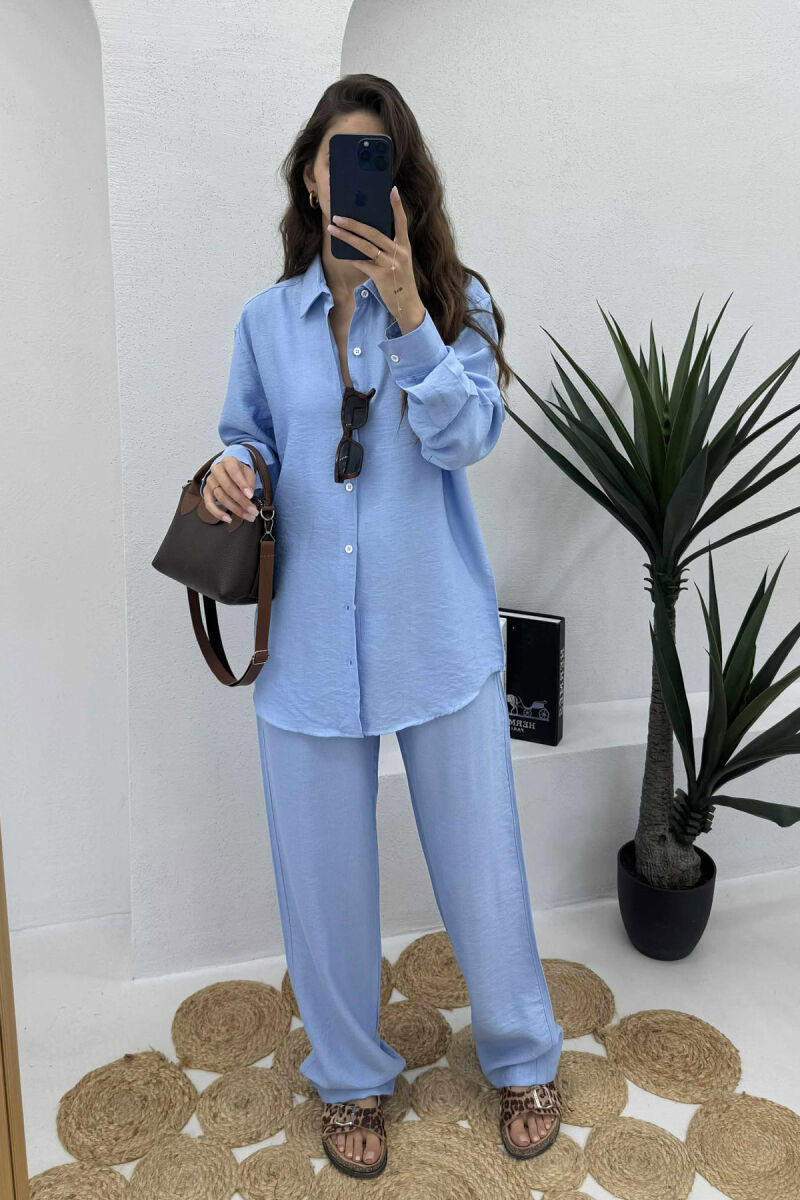 LONG SLEEVES SHIRT+TROUSERS SIMPLE WOMEN SET LIGHTBLUE/BZ - 1