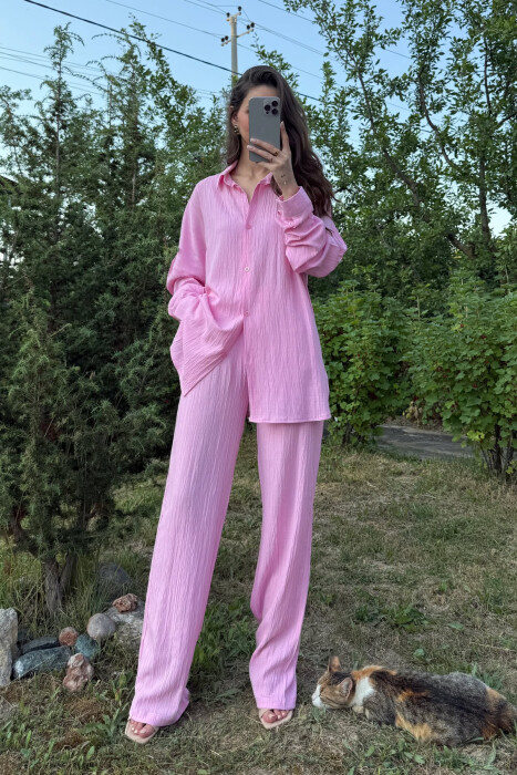 LONG SLEEVES SHIRT+TROUSERS SIMPLE WOMEN SET PINK/ROZE 