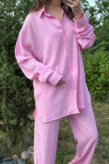 LONG SLEEVES SHIRT+TROUSERS SIMPLE WOMEN SET PINK/ROZE - 3
