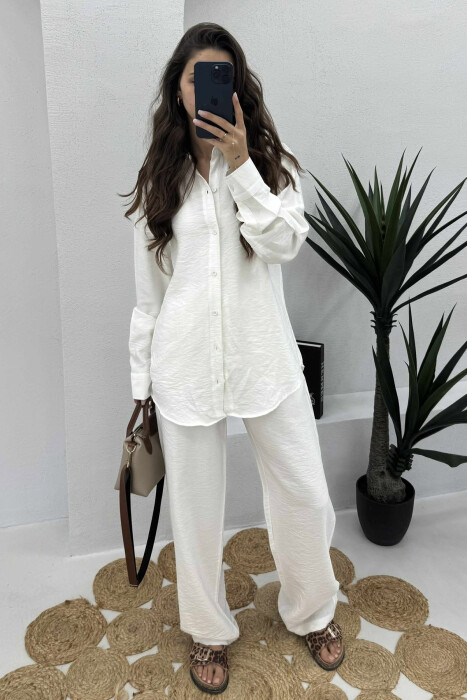 LONG SLEEVES SHIRT+TROUSERS SIMPLE WOMEN SET WHITE-E BARDHE 