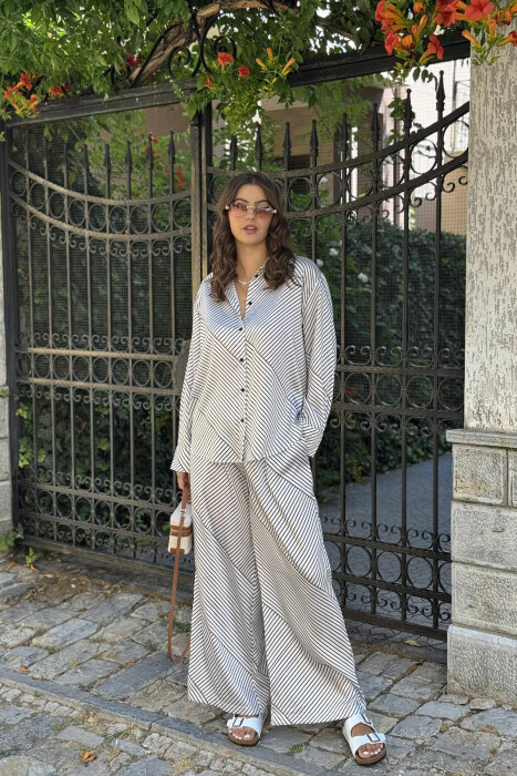 LONG SLEEVES SHIRT+TROUSERS STRIPED WOMEN SET WHITE-BLACK/BAZE - 1