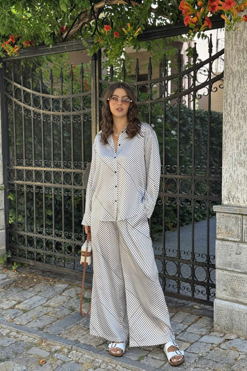 LONG SLEEVES SHIRT+TROUSERS STRIPED WOMEN SET WHITE-BLACK/BAZE - 1