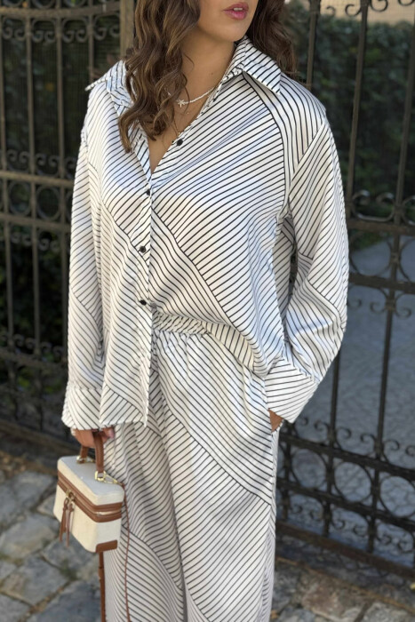 LONG SLEEVES SHIRT+TROUSERS STRIPED WOMEN SET WHITE-BLACK/BAZE - 2
