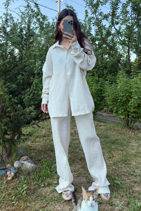 LONG SLEEVES SHIRT+TROUSERS WOMEN SET CREAM/KREM - 1