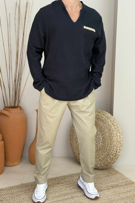 LONG SLEEVES SINGLE POCKET DETAIL MEN SHIRT BLACK/ E ZEZE - 1