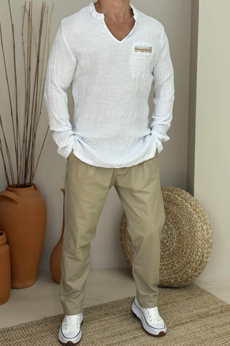 LONG SLEEVES SINGLE POCKET DETAIL MEN SHIRT WHITE-E BARDHE - 