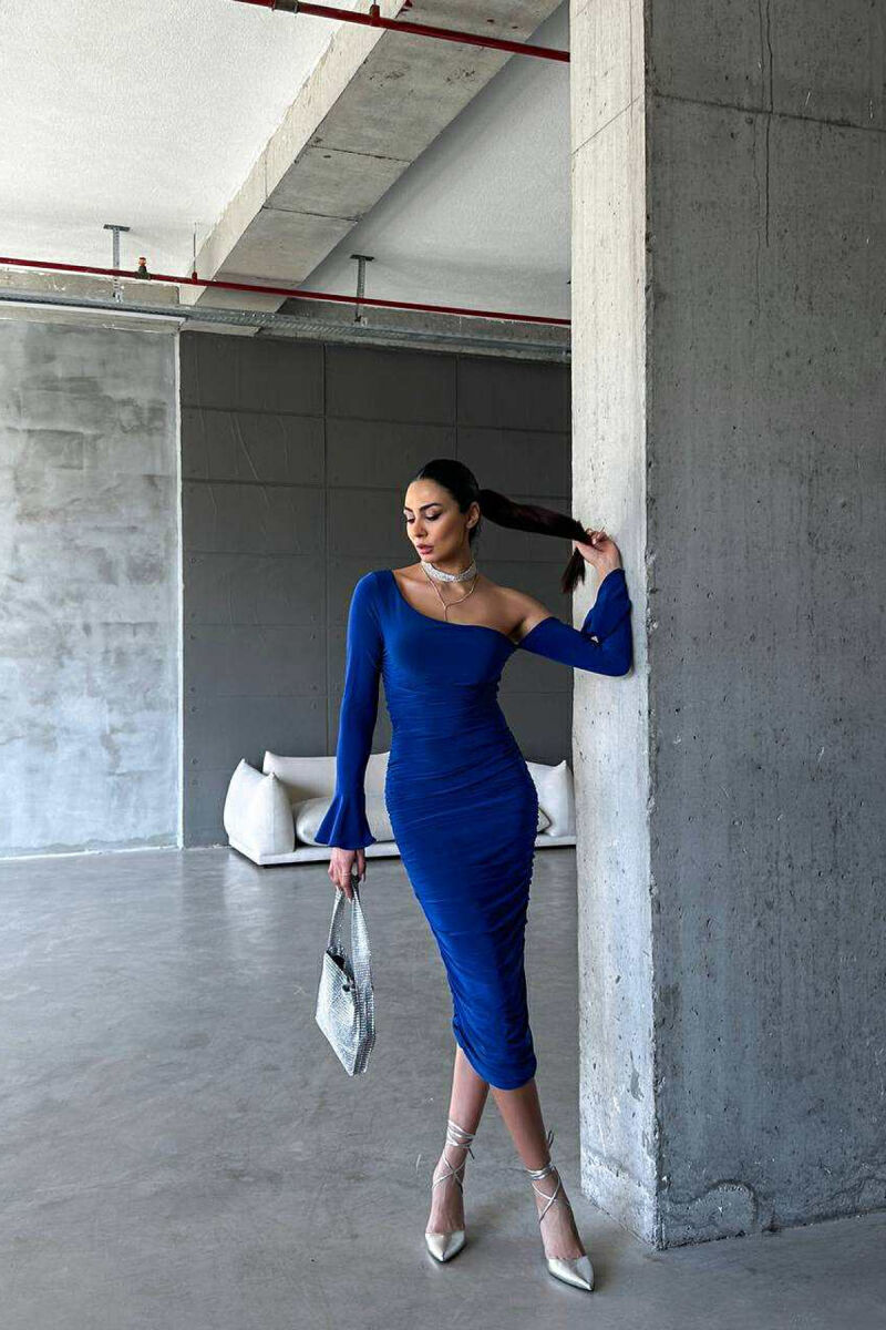 LONG SLEEVESS ONE COLOR WOMEN DRESS BLUE/BLU - 1