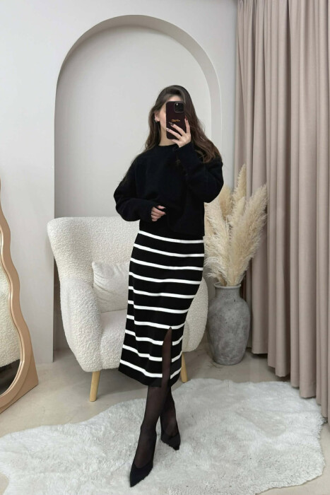 LONG STRIPED KNIT WOMEN SKIRT BLACK/ E ZEZE - 2