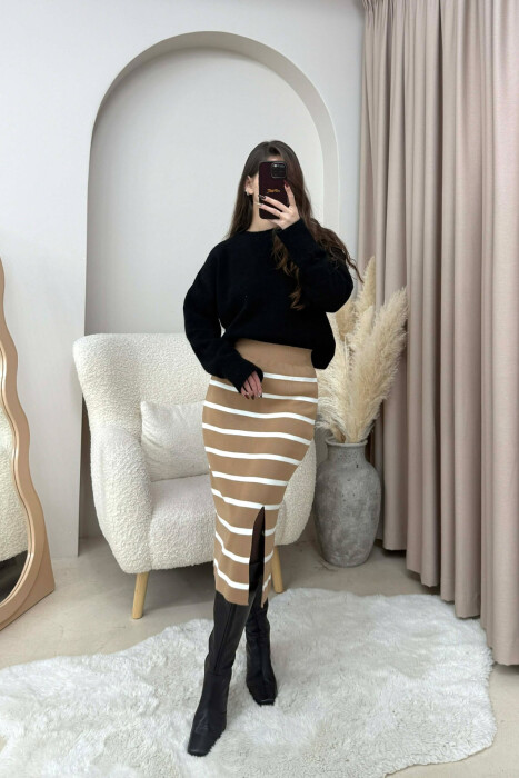 LONG STRIPED KNIT WOMEN SKIRT BROWN/KAFE 