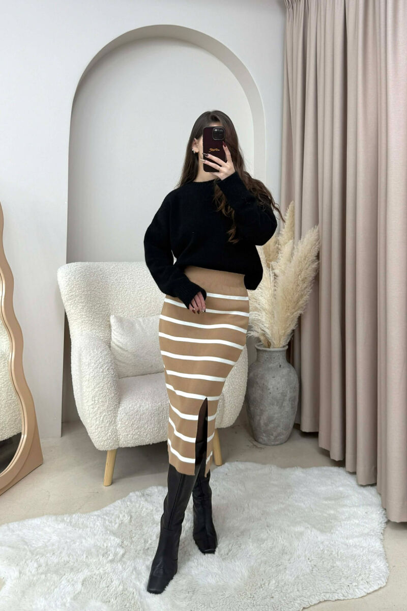 LONG STRIPED KNIT WOMEN SKIRT BROWN/KAFE - 1