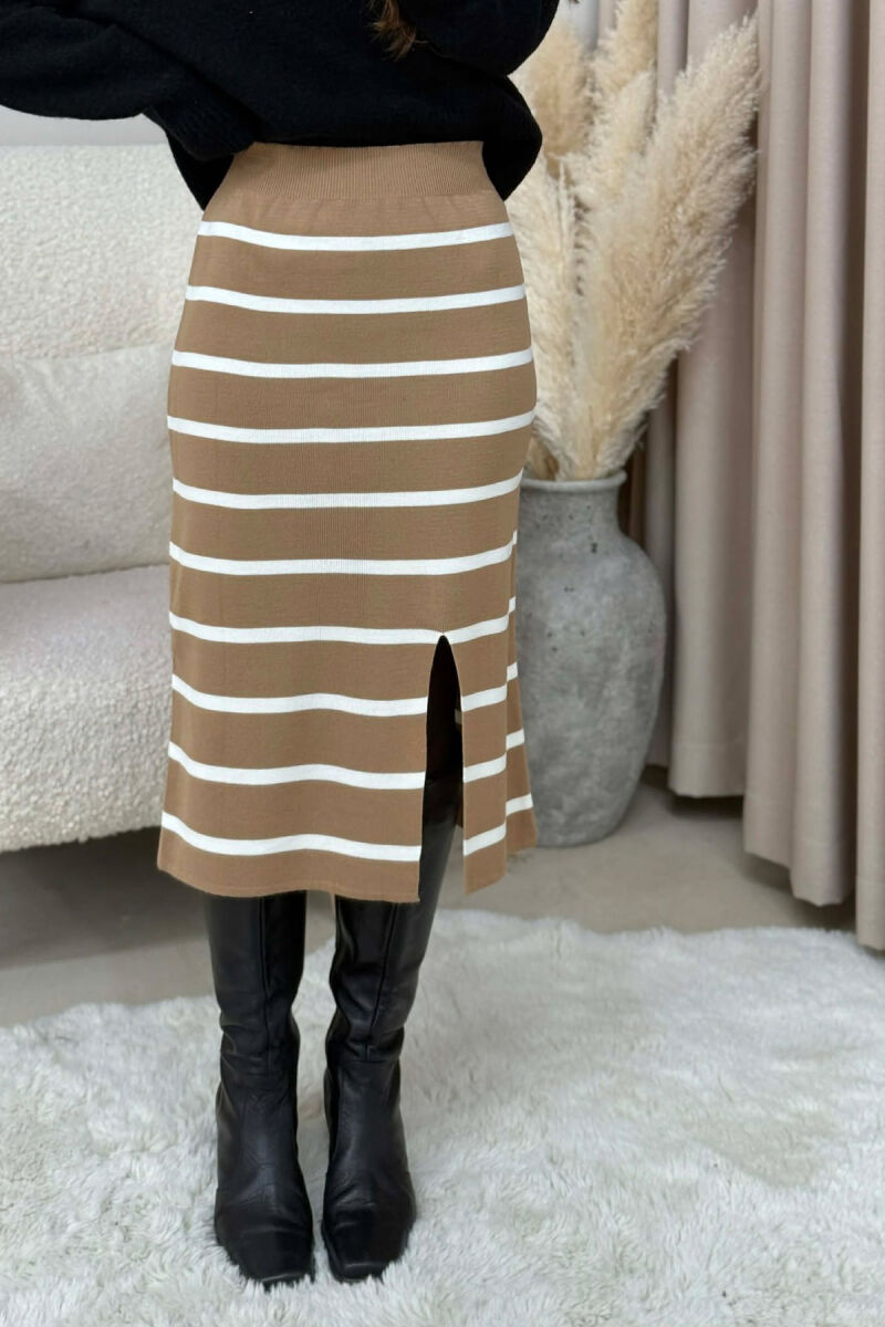 LONG STRIPED KNIT WOMEN SKIRT BROWN/KAFE - 2