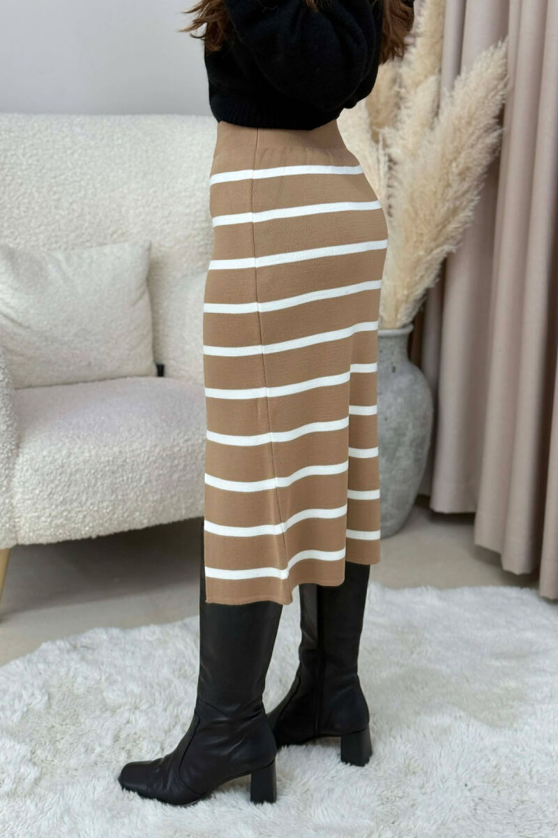LONG STRIPED KNIT WOMEN SKIRT BROWN/KAFE - 3