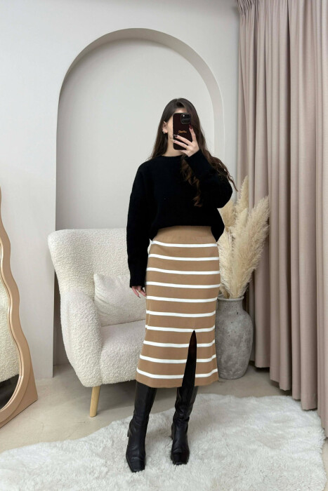 LONG STRIPED KNIT WOMEN SKIRT BROWN/KAFE - 4