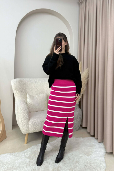 LONG STRIPED KNIT WOMEN SKIRT FUCHSIA/CIKLAMI 