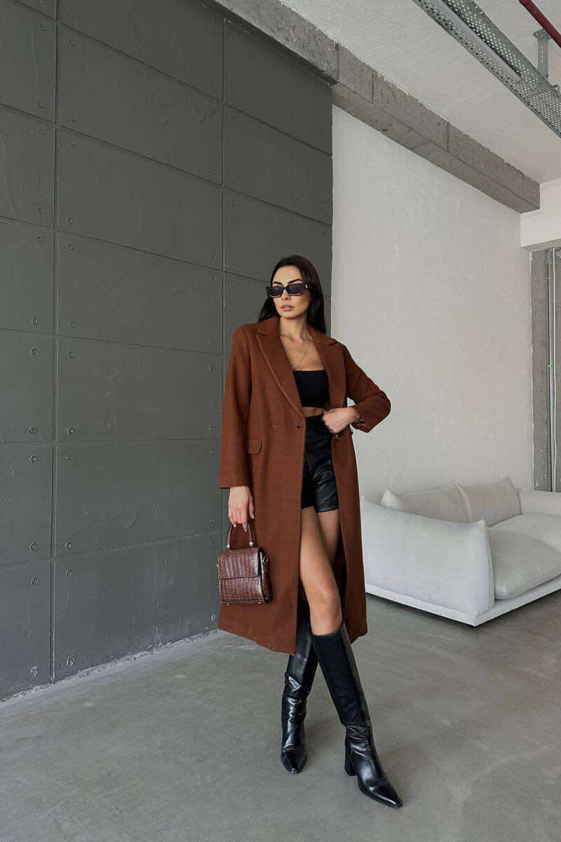 LONG TWO BUTTONS ONE COLOR WOMAN COAT BROWN/KAFE - 1