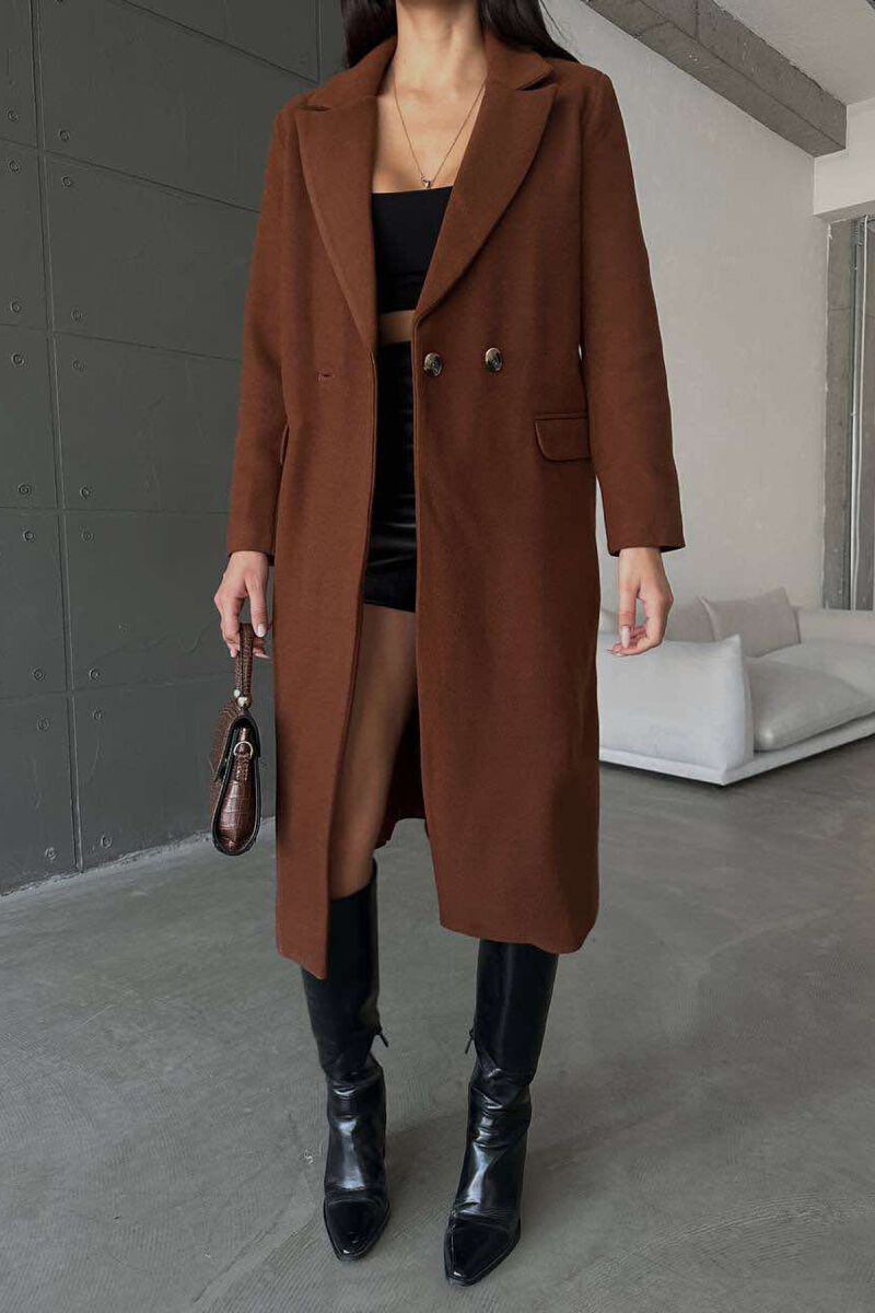 LONG TWO BUTTONS ONE COLOR WOMAN COAT BROWN/KAFE - 3