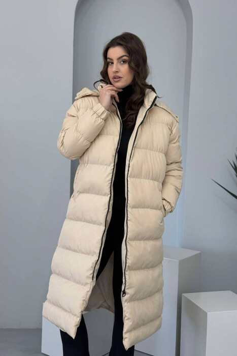 LONG WOMEN PUFFER JACKET IN BEIGE COLOR 